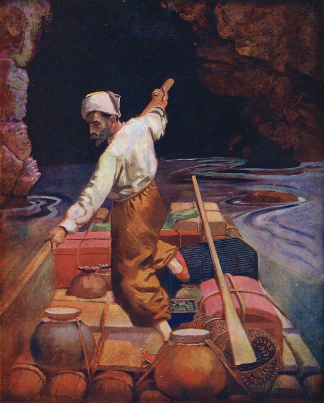 Sindbad lautallaan (värilitografia) tekijältä Enoch Ward