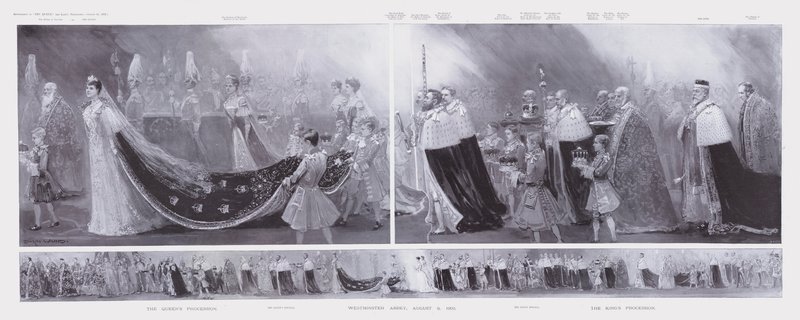 Kuninkaan ja kuningattaren kulkueet, kuningas Edward VII:n ja kuningatar Alexandran kruunaus, Westminster Abbey, Lontoo tekijältä Enoch Ward