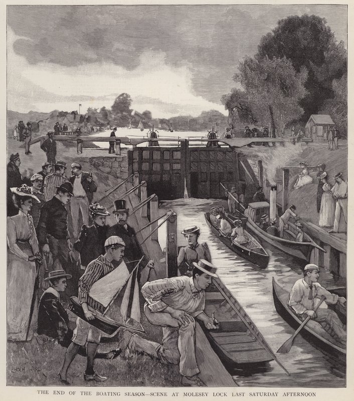 Veneilykauden päättyminen: kohtaus Molesey Lockissa Thames-joella, Surrey (litho) tekijältä Enoch Ward