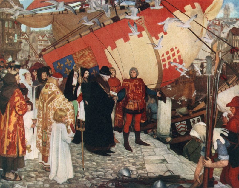 John ja Sebastian Cabotin lähtö Bristolista ensimmäiselle löytömatkalleen, 1497 tekijältä Ernest Board