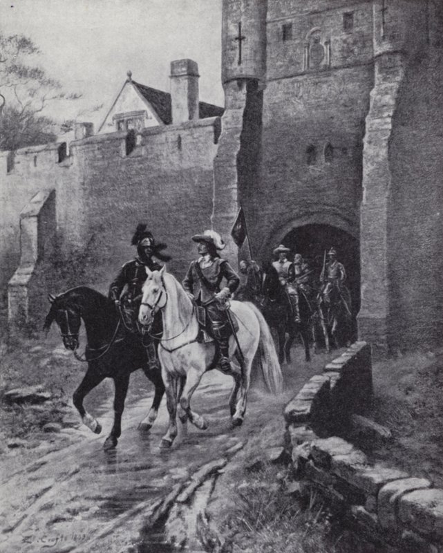 Oliver Cromwell armeijansa kanssa Bootham Barissa Yorkissa, kun Kaarle II yritti saada takaisin valtaistuimen vuonna 1650 (litho) tekijältä Ernest (after) Crofts