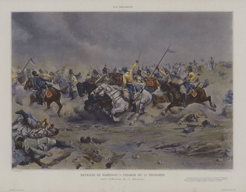 Bataille de Marengo - Charge du 12e Hussards (12. husaarien hyökkäys Marengon taistelussa) tekijältä Ernest Jean Delahaye
