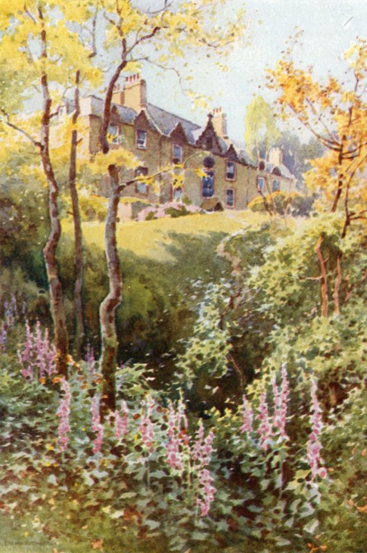 Ashestiel: Scottin ensimmäinen talo rajamaassa (väri litho) tekijältä Ernest William Haslehust