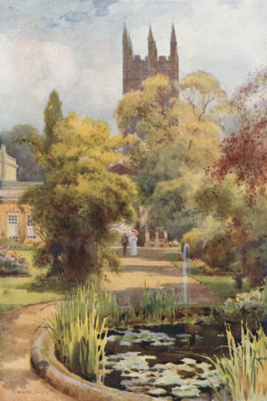 Kasvitieteellinen puutarha ja Magdalen Tower (värilitho) tekijältä Ernest William Haslehust
