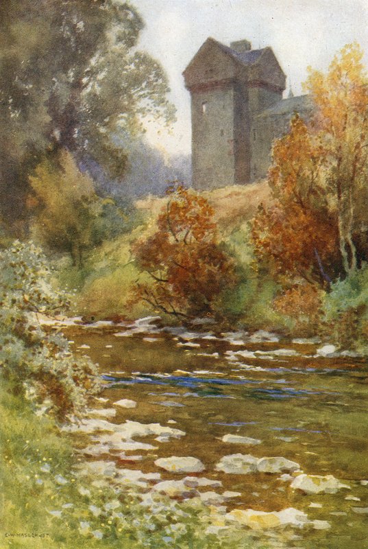 Branxholm Tower (väri litho) tekijältä Ernest William Haslehust