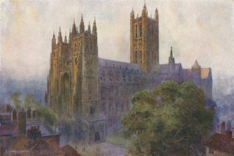 Canterburyn katedraali Christ Church Gatesta (väri litho) tekijältä Ernest William Haslehust