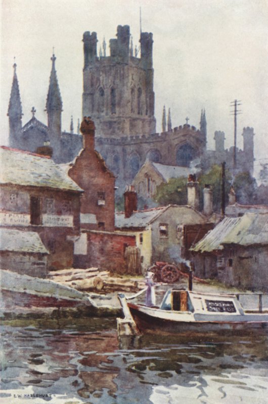 Chesterin katedraali kanavalta (väri litho) tekijältä Ernest William Haslehust