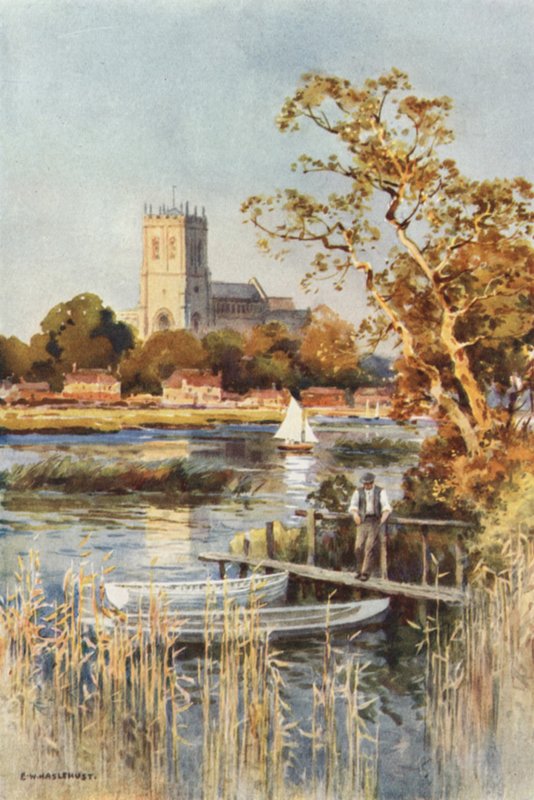Christchurch Priory Wick Ferryltä (väri litho) tekijältä Ernest William Haslehust