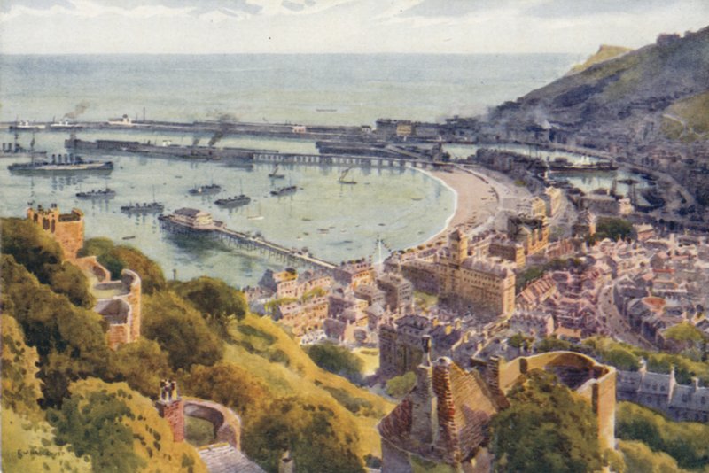 Doverin satama linnasta (väri litho) tekijältä Ernest William Haslehust
