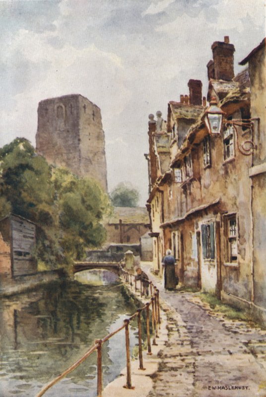 Fisher Row ja Oxfordin linnan rauniot (väri litho) tekijältä Ernest William Haslehust
