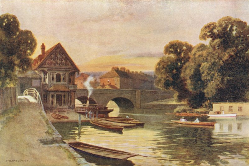 Folly Bridge, Oxford (väri litho) tekijältä Ernest William Haslehust