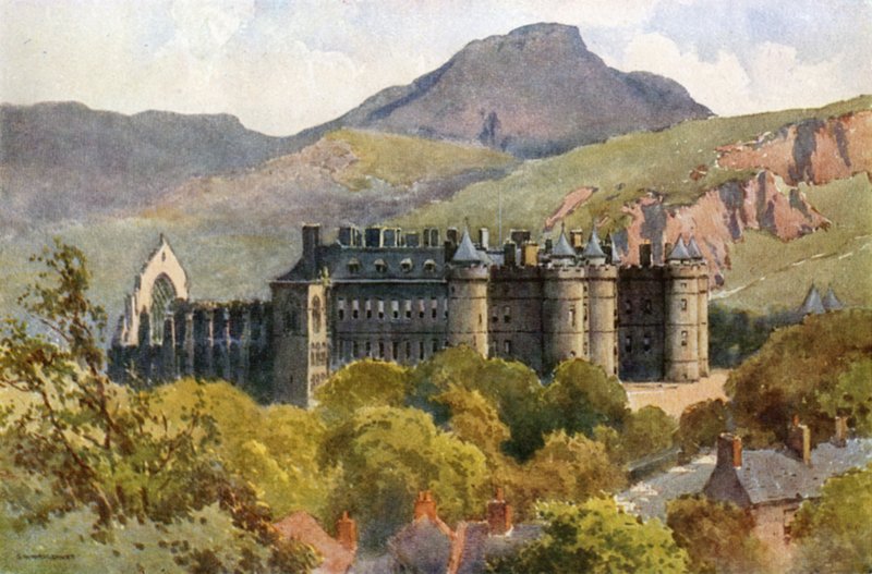 Holyrood Palace: Arthurin istuin taustalla (väri litho) tekijältä Ernest William Haslehust