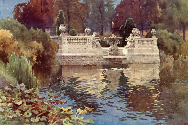 Lancaster Gate Fountain, Kensington Gardens (väri litho) tekijältä Ernest William Haslehust