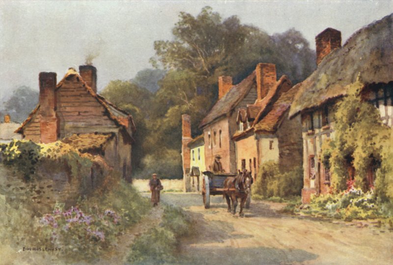 Vanhat mökit, Fownhope (väri litho) tekijältä Ernest William Haslehust