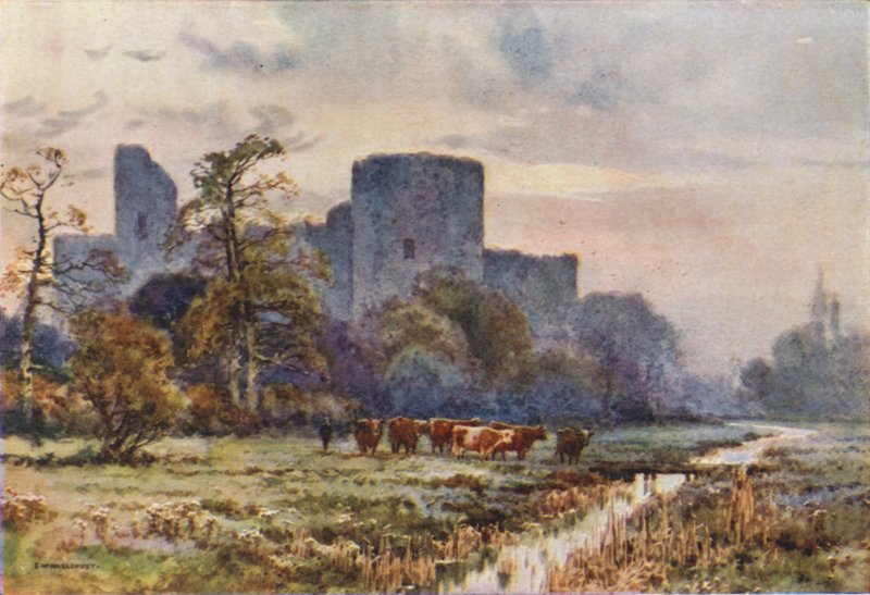 Pevenseyn linna Meadowsilta (väri litho) tekijältä Ernest William Haslehust