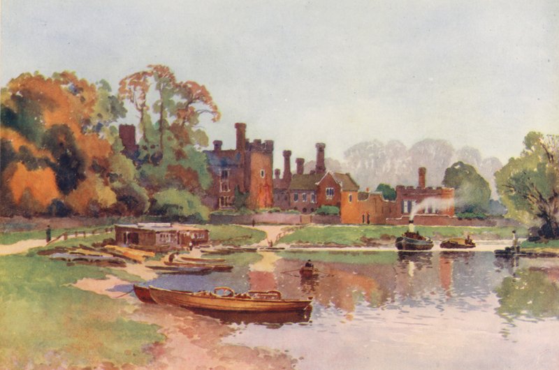 Thames-joki: Hampton Court (värilitografia) tekijältä Ernest William Haslehust