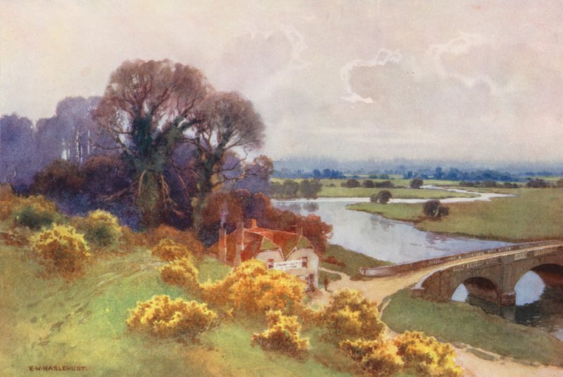 Thames-joki: Shillingfordin silta (värilitografia). tekijältä Ernest William Haslehust
