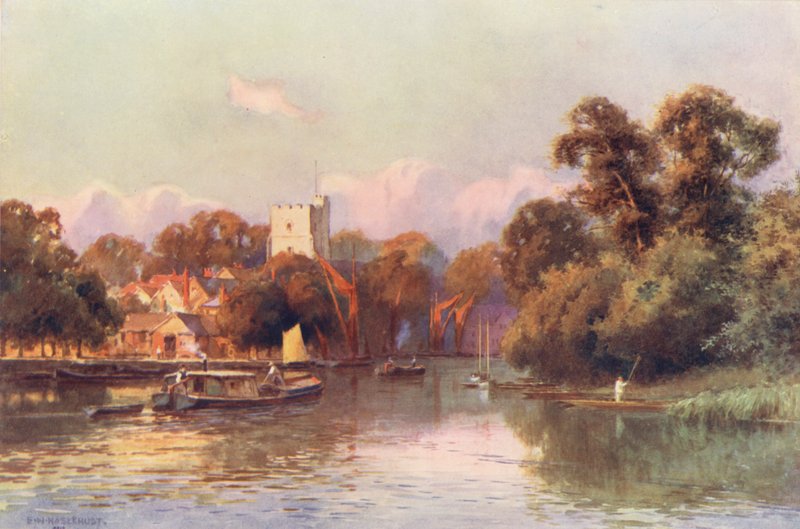 Thames-joki: Twickenham (värilitografia). tekijältä Ernest William Haslehust