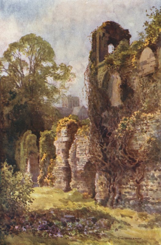 Wolveseyn linnan rauniot (väri litho) tekijältä Ernest William Haslehust