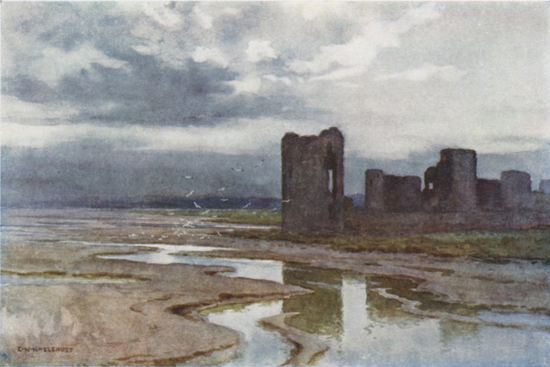 Sands of Dee, Flint Castle (väri litho) tekijältä Ernest William Haslehust