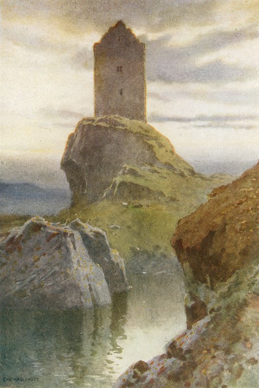 Smailholm Tower (väri litho) tekijältä Ernest William Haslehust
