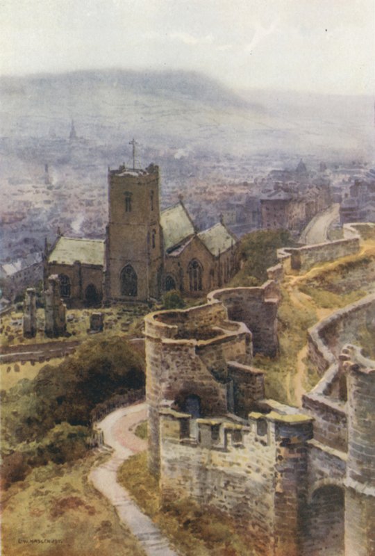 Pyhän Marian kirkko linnan muureilta (väri litho) tekijältä Ernest William Haslehust