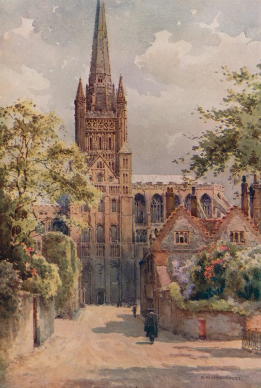 Cathedral Precincts, Norwich (väri litho) tekijältä Ernest William Haslehust