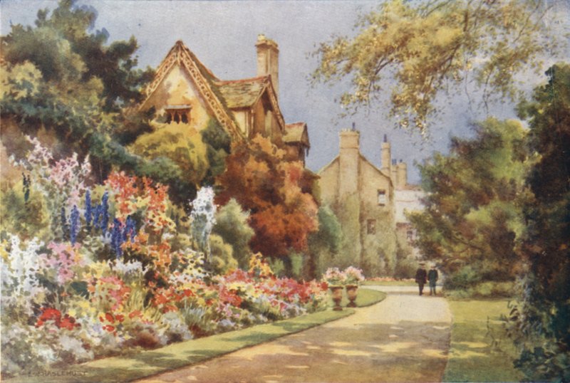 Mökit, Worcester College Gardens (väri litho) tekijältä Ernest William Haslehust