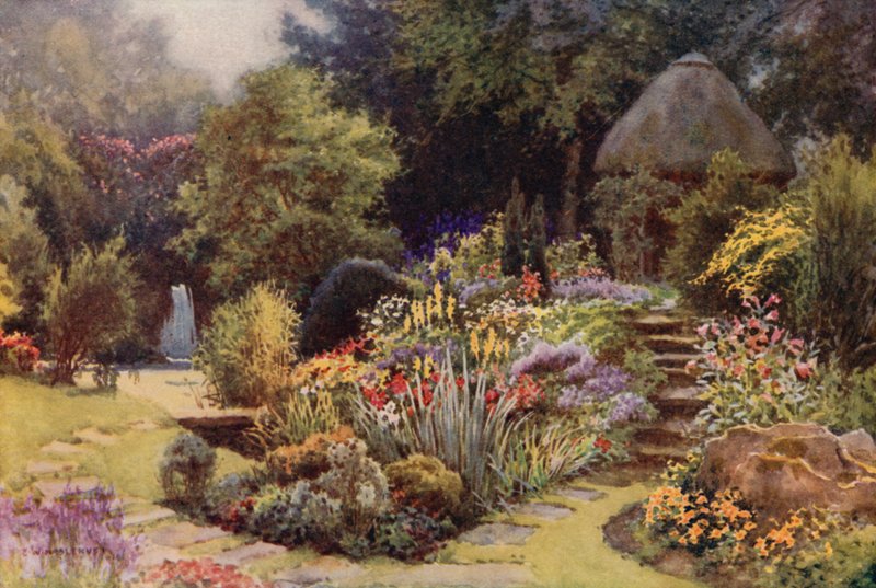 Japanilainen puutarha, Rufford Abbey (väri litho) tekijältä Ernest William Haslehust