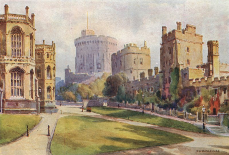 The Lower Ward, Windsorin linna (väri litho) tekijältä Ernest William Haslehust