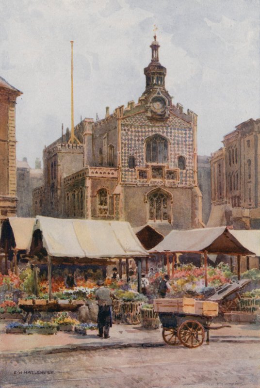 The Market-Place ja Guildhall, Norwich (värilitho) tekijältä Ernest William Haslehust