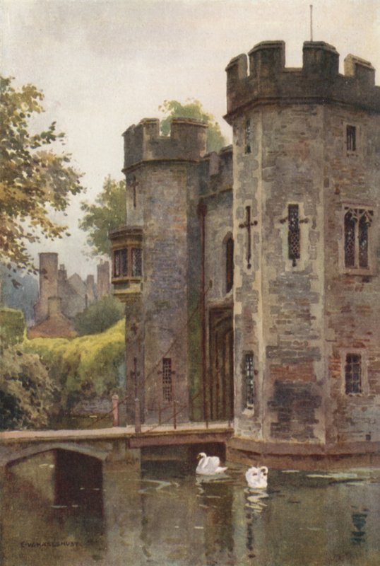 Palace Gatehouse ja Drawbridge, Wells (väri litho) tekijältä Ernest William Haslehust