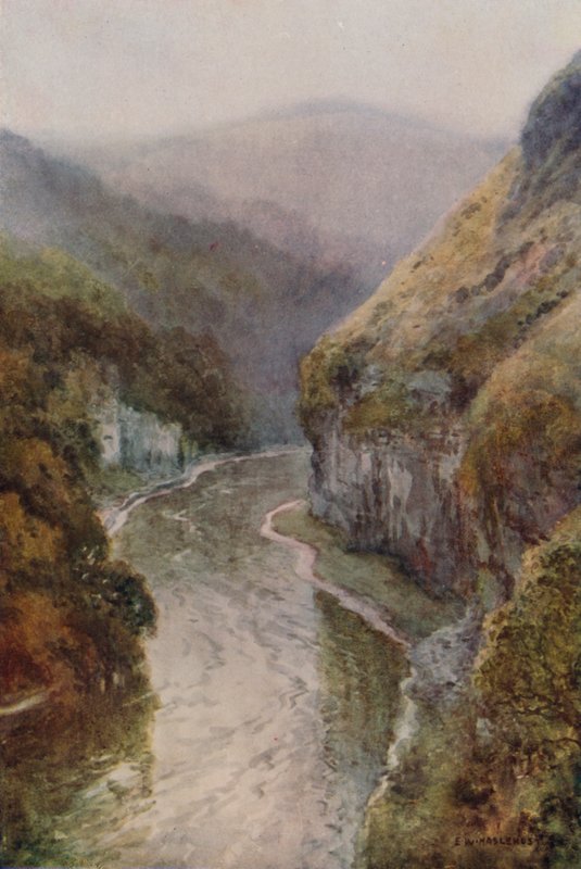 The Wye lähellä Cressbrook Dalea (väri litho) tekijältä Ernest William Haslehust