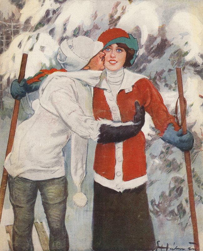 Pari hiihtää talvella (väri litho) tekijältä Ernst (after) Heilemann