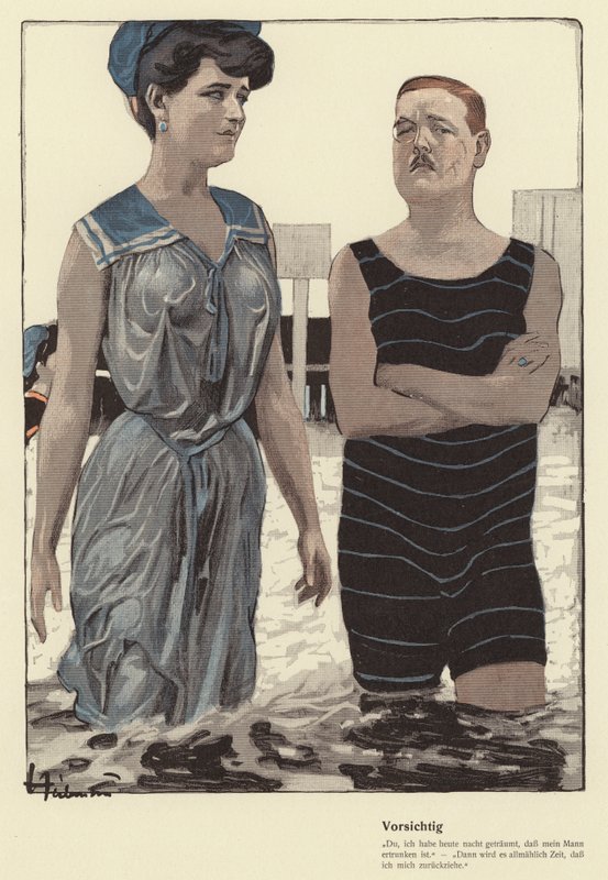 Mies ja hänen naimisissa oleva rakastajatar kylpemässä (väri litho) tekijältä Ernst (after) Heilemann