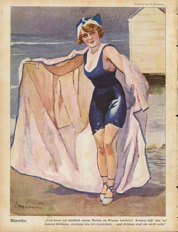 Nainen rannalla Biarritzissa (väri litho) tekijältä Ernst (after) Heilemann