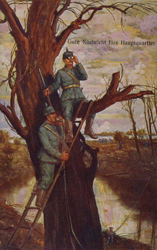 Hyviä uutisia esikunnalle, saksalaiset sotilaat tarkkailemassa taistelukenttää ja raportoimassa esikunnalle kenttäpuhelimella, ensimmäinen maailmansota, 1915 tekijältä Ernst Heilemann