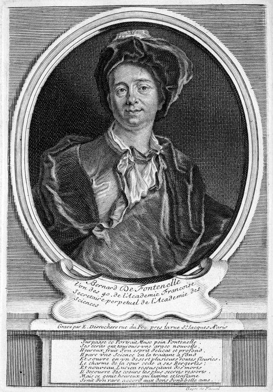 Bernard Le Bovier de Fontenelle, ranskalainen kirjailija (kaiverrus). tekijältä Etienne Jehandier (after) Desrochers