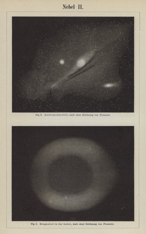 Näkymiä Andromeda-sumusta ja Rengassumusta Lyyran tähdistössä (kaiverrus) tekijältä Étienne Léopold Trouvelot