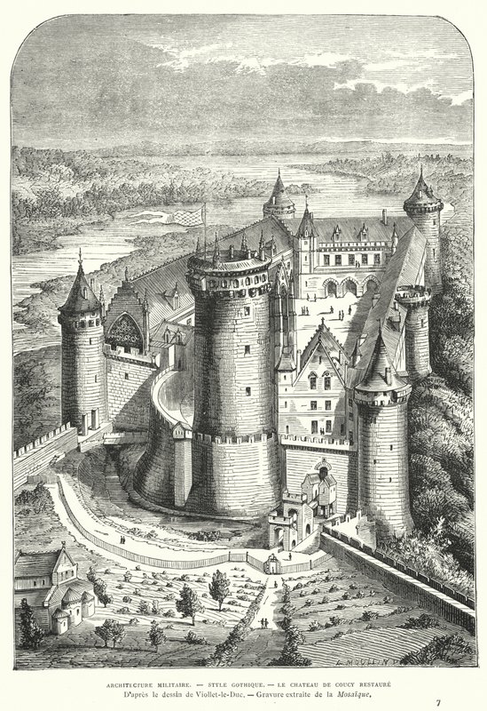 Chateau de Coucy, Picardia, Ranska, kunnosti sen 1800-luvulla Eugene Viollet-le-Ducissa tekijältä Eugene Emmanuel after Viollet le Duc
