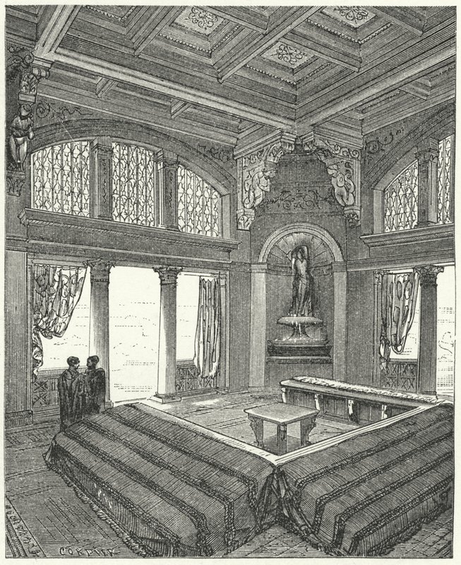 Triclinium, muodollinen ruokasali roomalaisessa rakennuksessa tekijältä Eugene Emmanuel after Viollet le Duc
