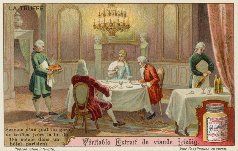 Tryffeleillä koristeltu ruokalaji, jota tarjoillaan 1700-luvun Pariisissa tekijältä European School
