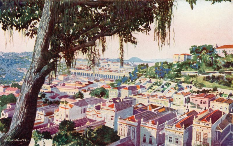 Lintuperspektiivistä katsottuna vanha Carioca-viadukti, jonka yli sähköraitiovaunut kulkevat nykyään Santa Thereza -kukkulalle, International Hoteliin ja Corcovadoon (väriliito). tekijältä European School