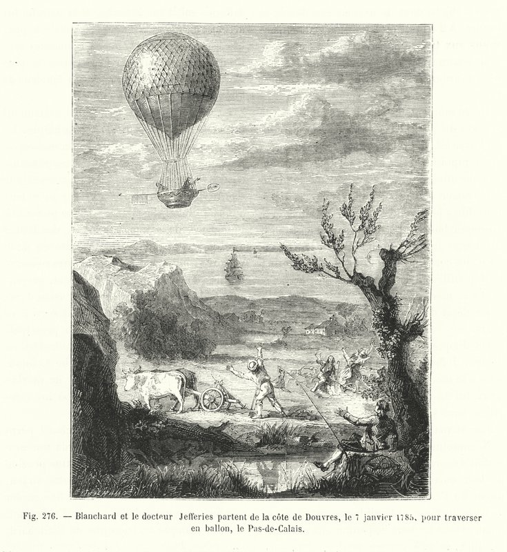 Blanchard ja tohtori Jefferies lähtevät Doverin rannikolta 7. tammikuuta 1785 ylittääkseen Pas-de-Calais