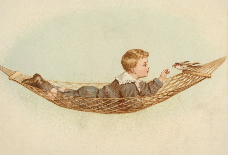 Poika makaa riippumatossa ruokkimassa lintua (chromolitho) tekijältä European School