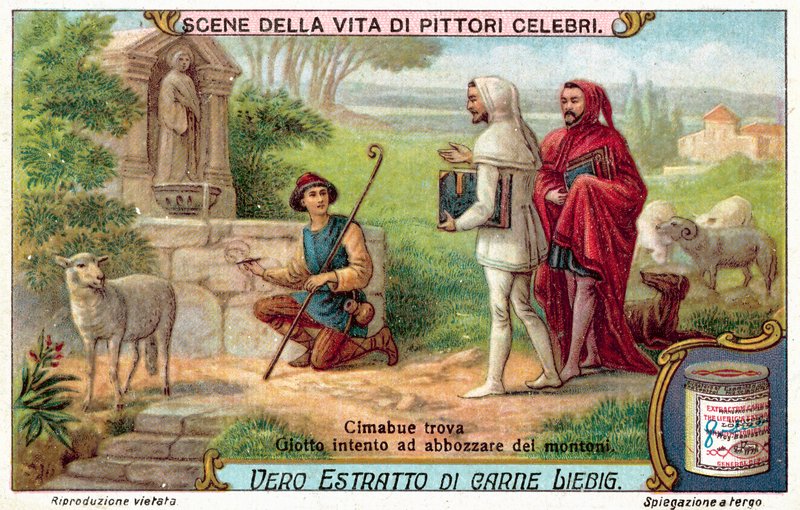 Cimabue löysi Gioton tiiviisti luonnostelemassa lampaita (chromolitho) tekijältä European School