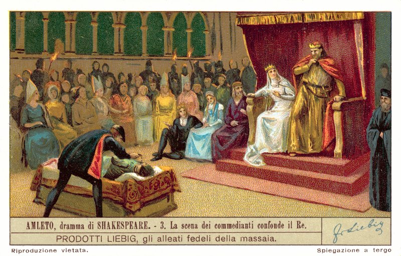 Claudius reagoi kohtaukseen, joka kuvaa Pelaajakuninkaan murhaa (chromolitho) tekijältä European School
