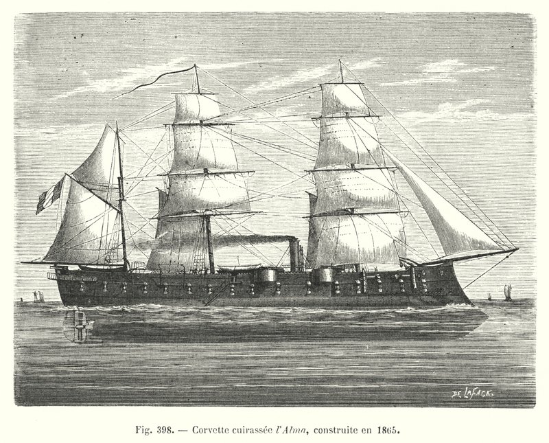 Panssarikorvetti Alma, rakennettu vuonna 1865 (kaiverrus) tekijältä European School