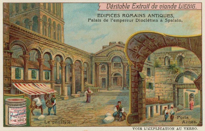 Diocletianuksen palatsi Splitissä Kroatiassa, jossa on yksityiskohta Colonnadista ja eteläisestä meriportista (chromolitho). tekijältä European School