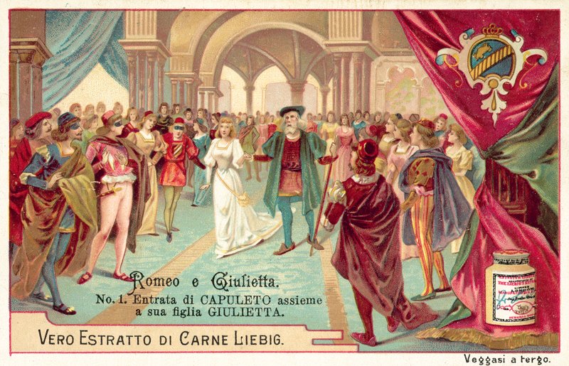 Lordi Capuletin ja hänen tyttärensä Julietin sisäänkäynti balliin (chromolitho) tekijältä European School
